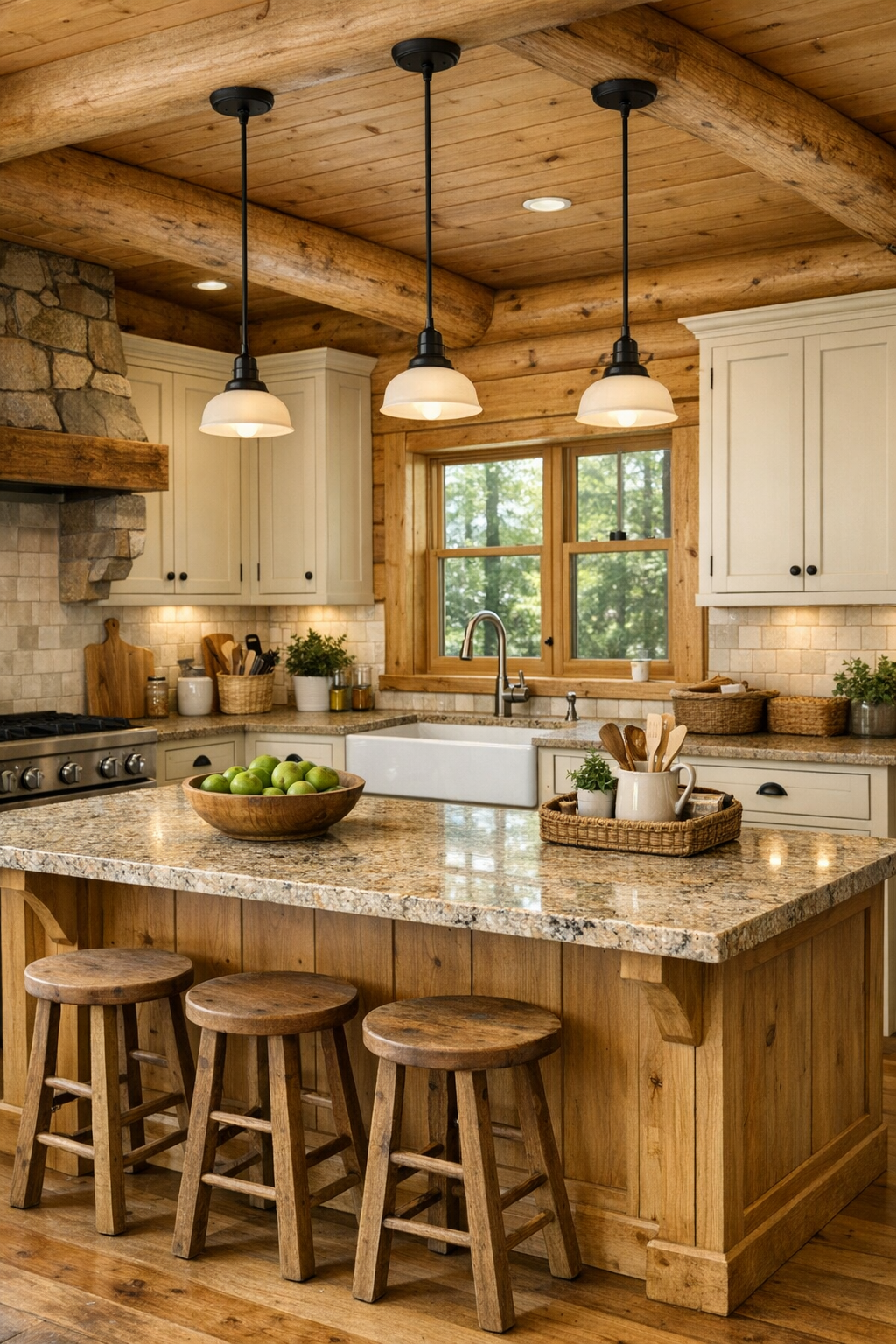 Bright log home kitchen with cream cabinetry, large island, farmhouse sink, and warm wood details