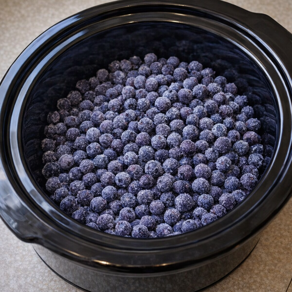 Frozen wild blueberries spread in the bottom of a slow cooker