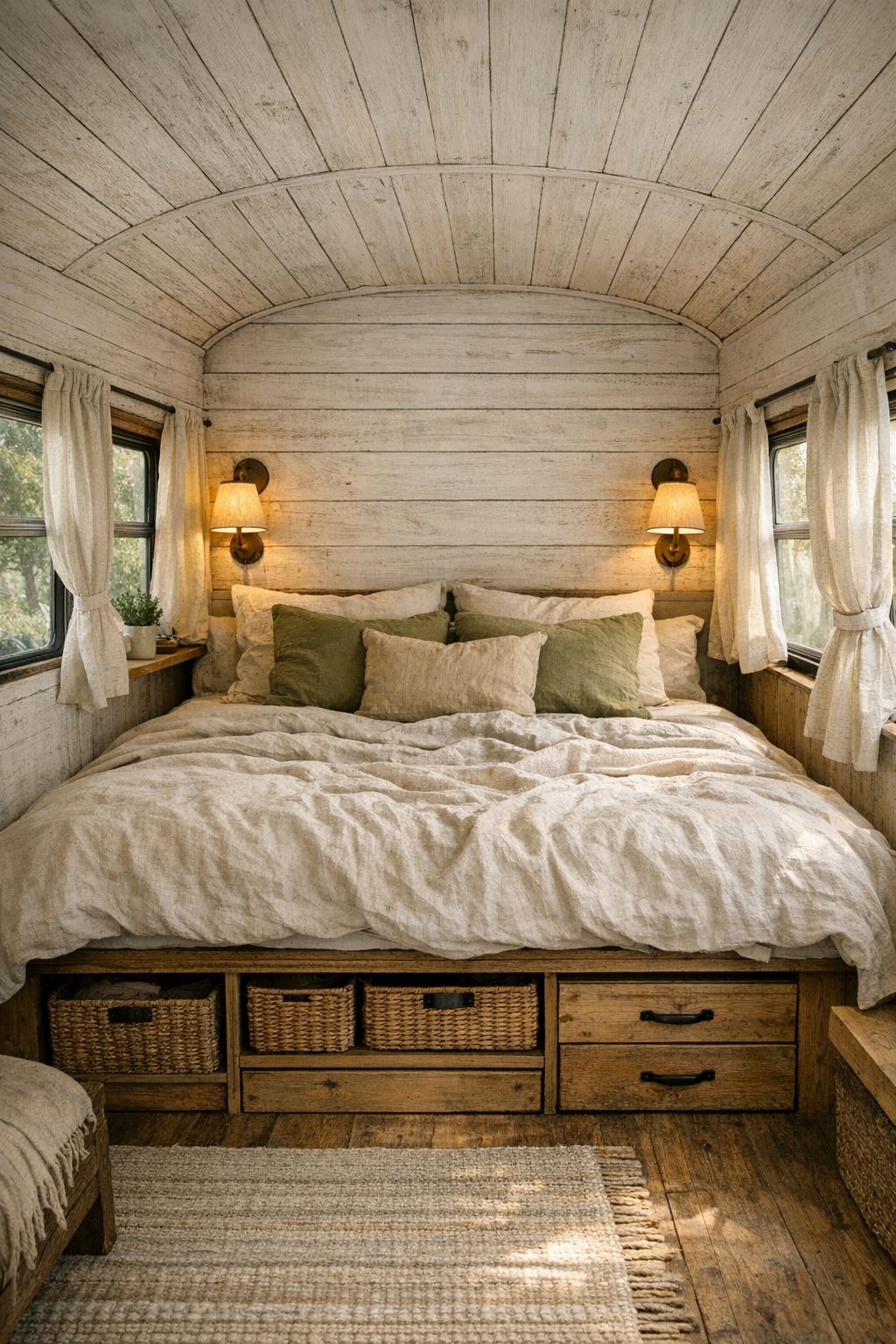 Calm bus bedroom with built-in bed and linen curtains