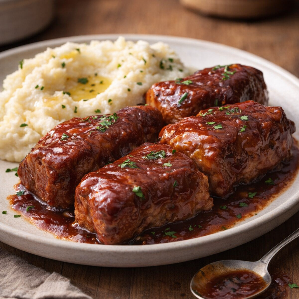 Country-style pork ribs plated with mashed potatoes and extra sauce