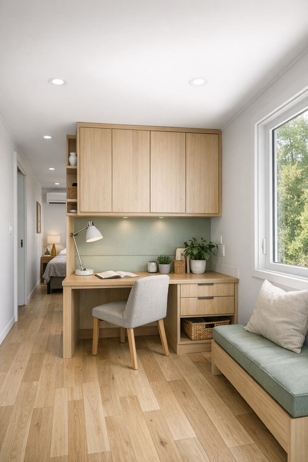 Multiuse hallway nook with built-in desk, storage cabinetry, and soft natural light