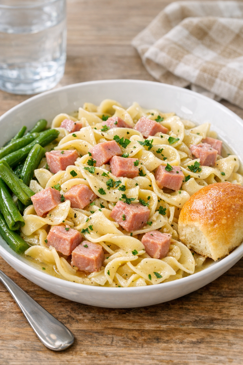 Plated ham pasta with simple side vegetables