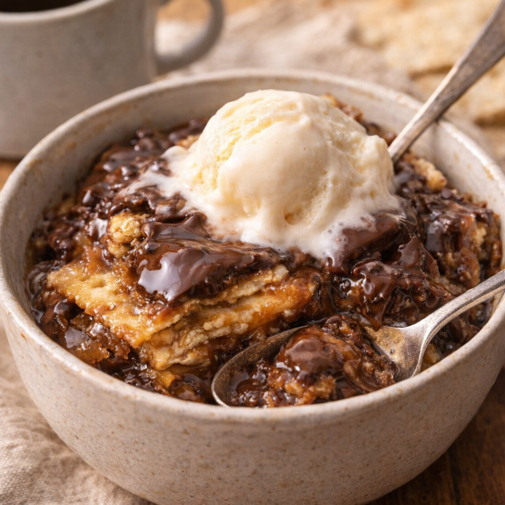 Warm spoonful of chocolate caramel cracker dessert in a bowl