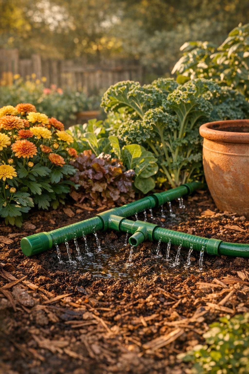 Finished garden hose drip irrigation extender watering a fall garden bed