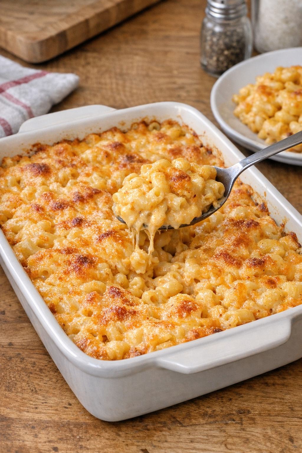 Finished baked fiesta nacho cheese macaroni in a casserole dish