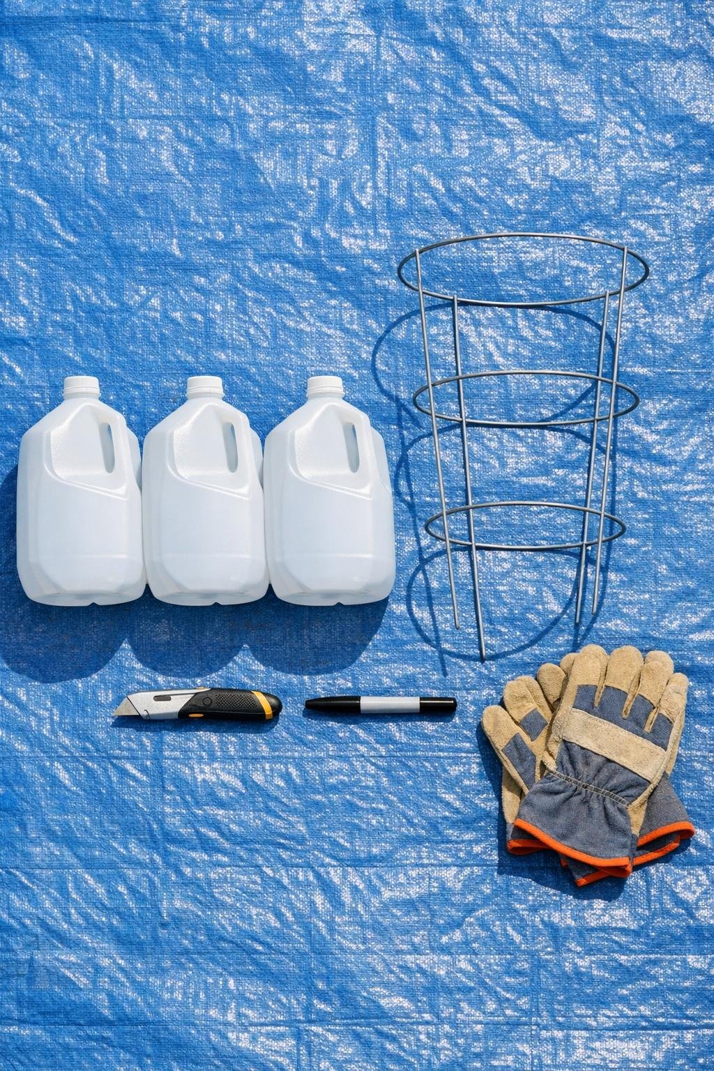 Milk jugs and wire plant support materials laid out on a tarp