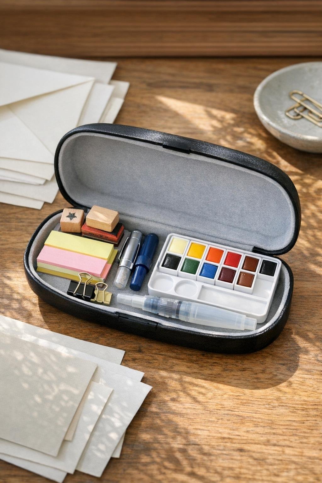 Eyeglass case used as a watercolor and stationery pouch
