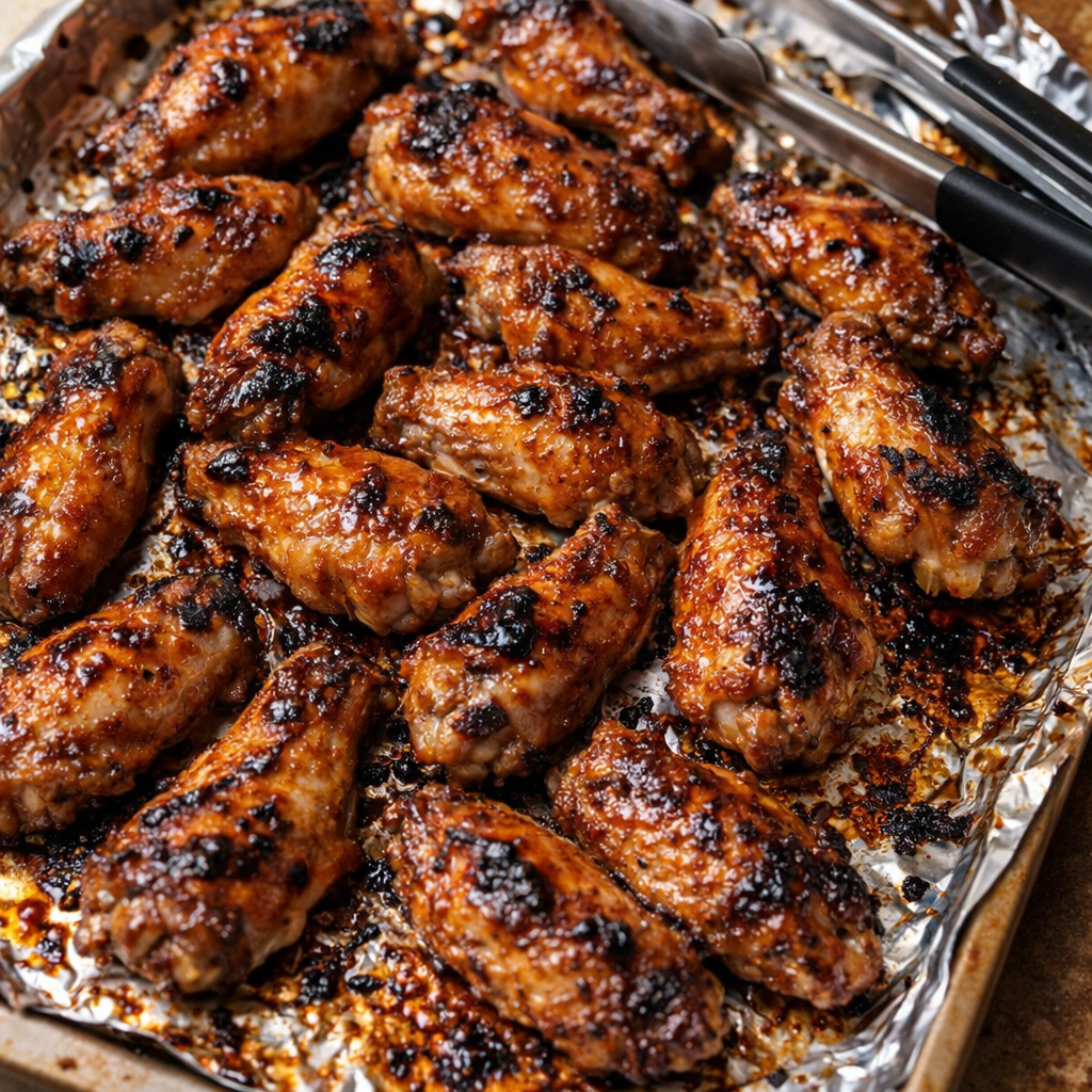 Broiled wings caramelizing on a foil-lined pan