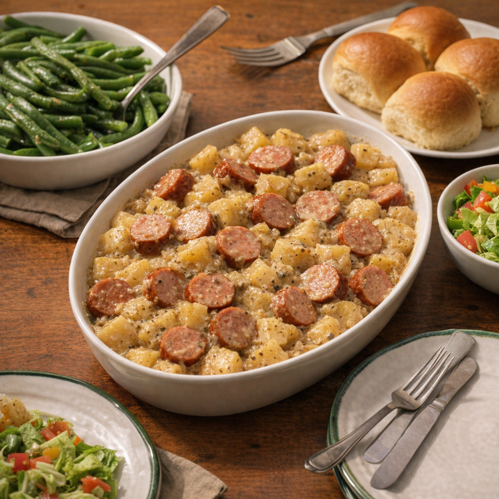 Family-style dinner spread with sausage potatoes and simple sides