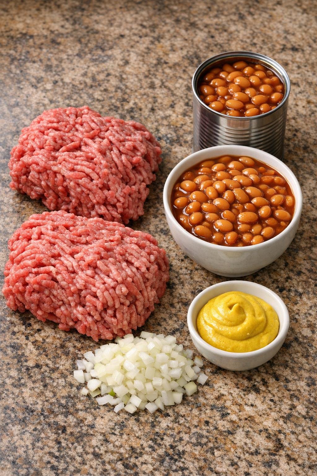 Ground beef, baked beans, chopped onion, and mustard
