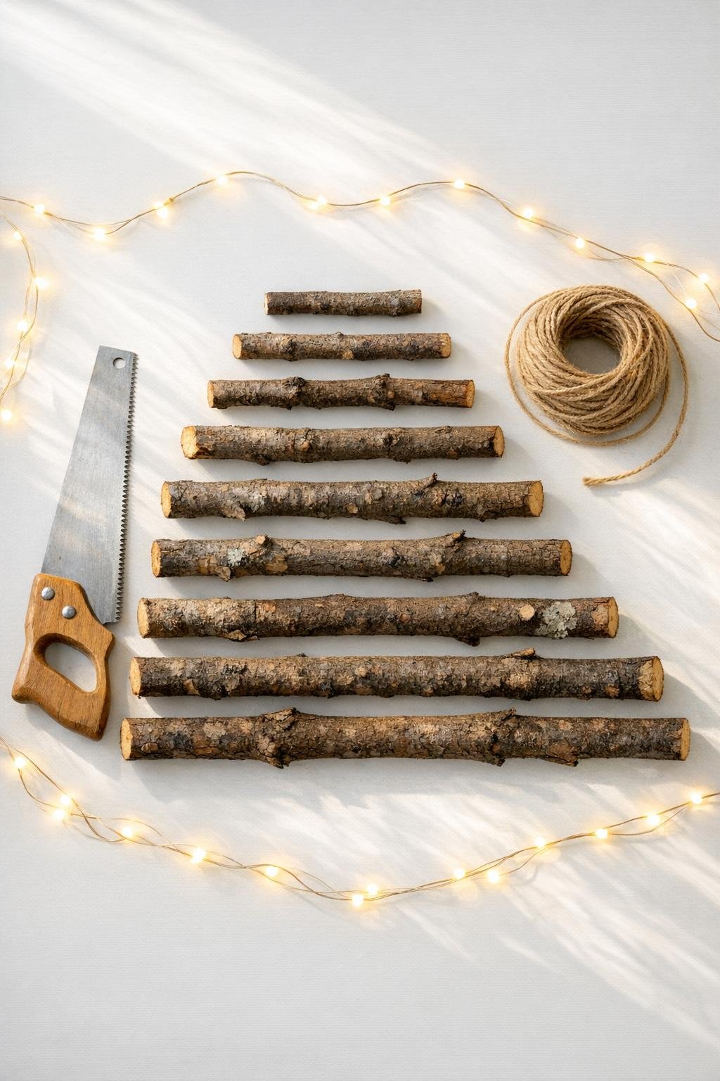 Materials for a branch wall project laid out neatly