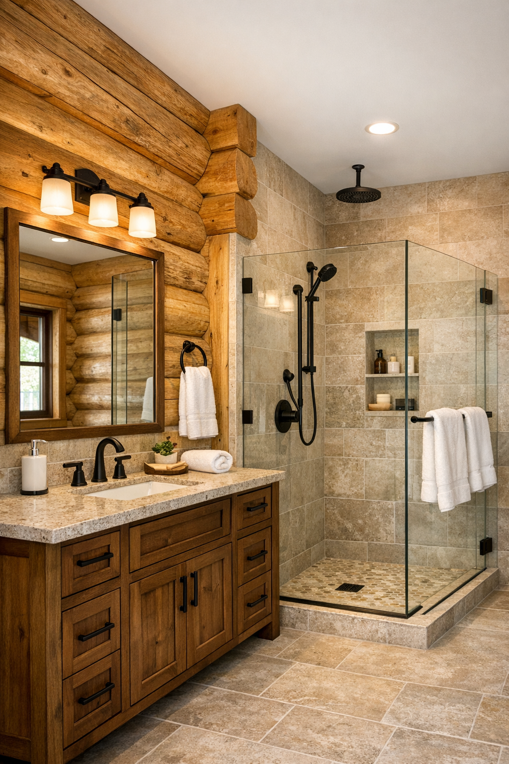 Bathroom with wood vanity, stone tile, and a glass walk-in shower
