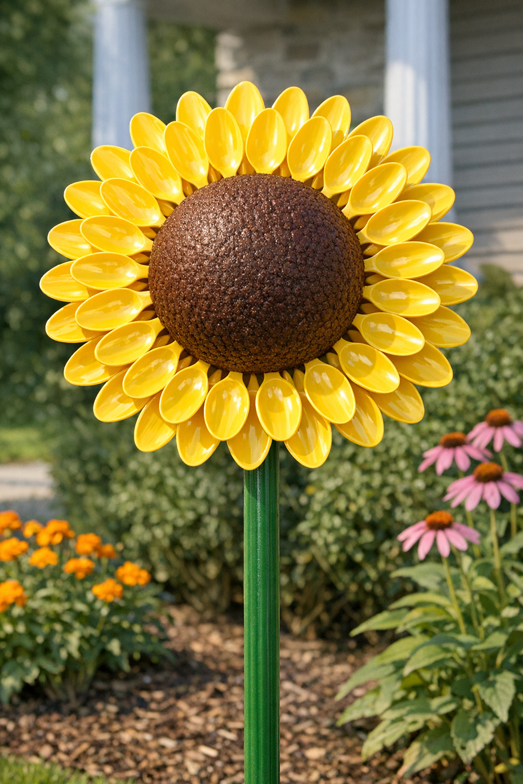 DIY giant front yard sunflower made from yellow plastic spoons around a brown Styrofoam ball mounted on a tall green garden stake