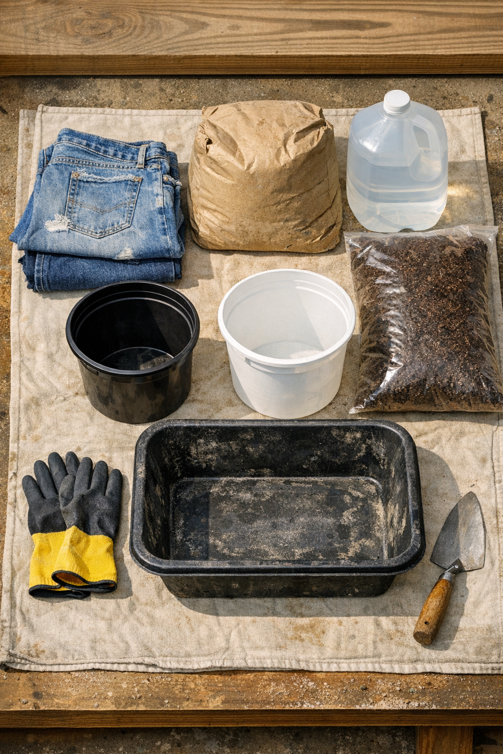 Materials for making denim cement yard vessels laid out on a work surface