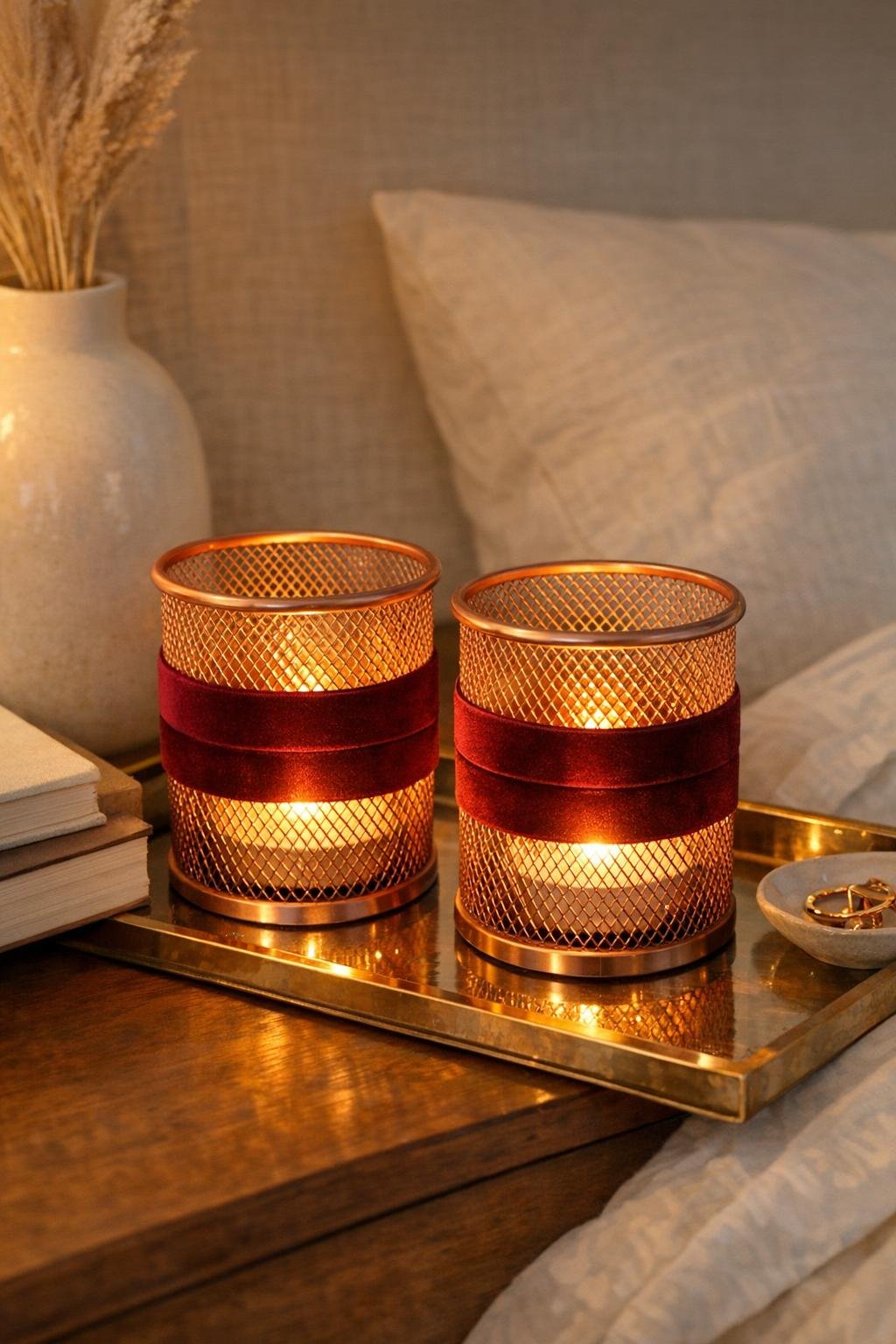 Finished bedroom luminaries made from rose gold mesh pencil cups with velvet ribbon