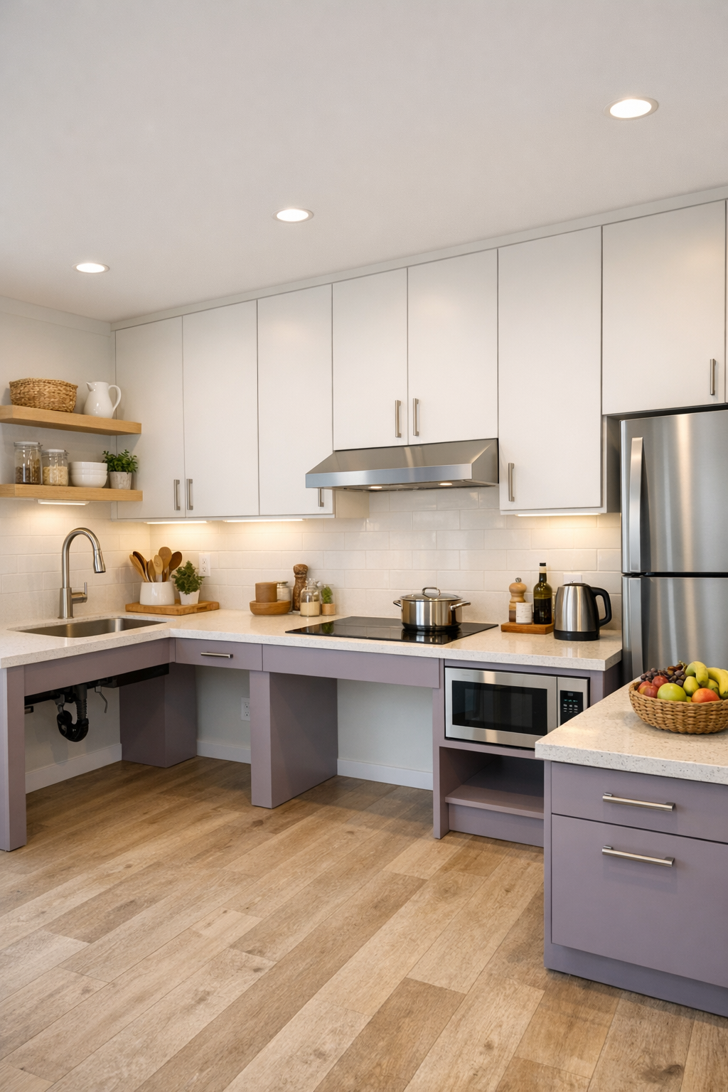 Accessible kitchen with off-white cabinets, dusty lavender lower cabinetry, and pale quartz counters