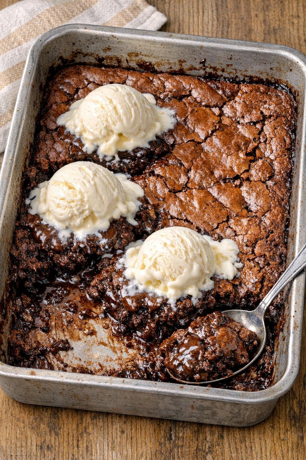Warm baked milk chocolate dessert in a roasting pan