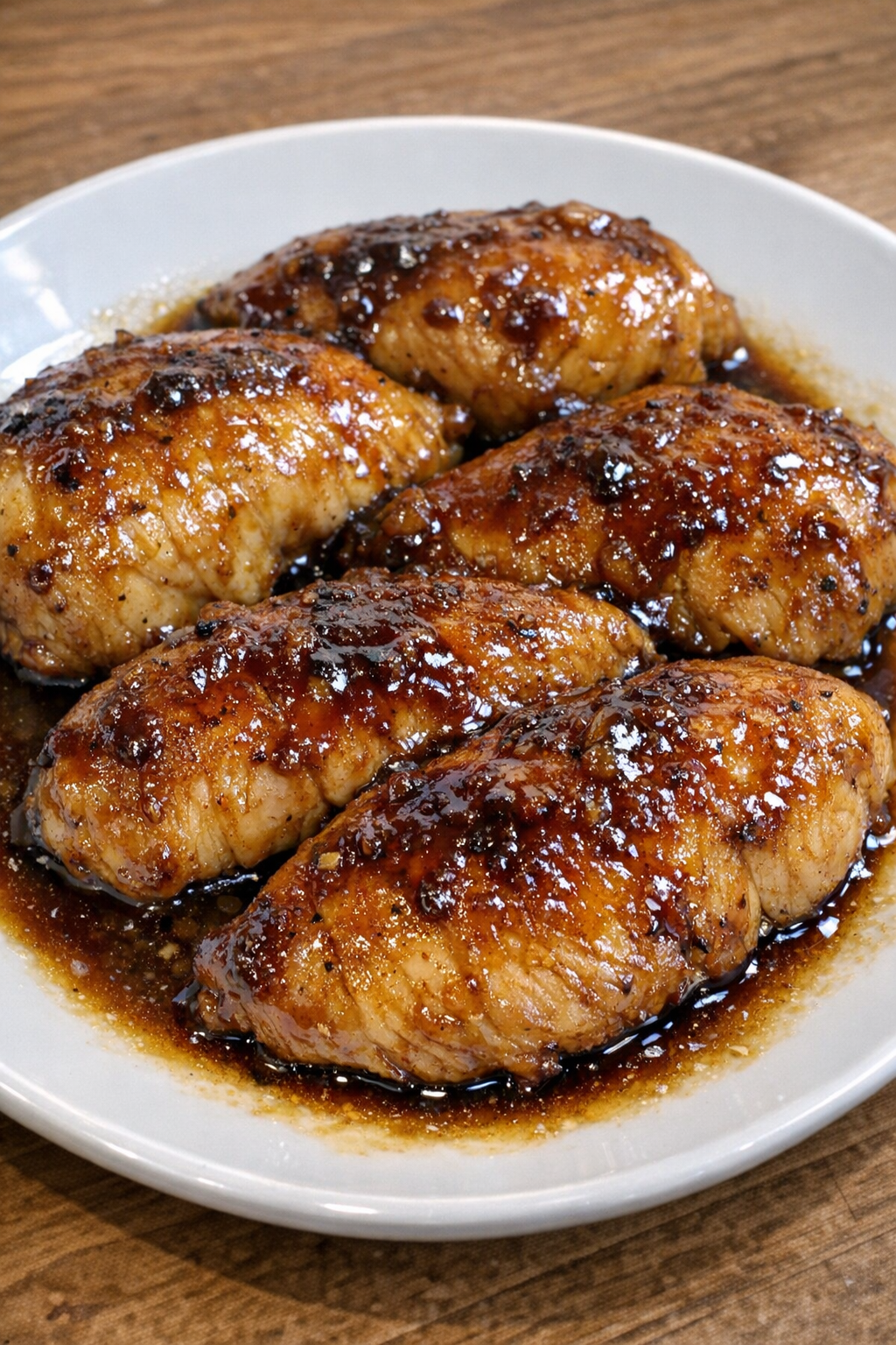 Slow cooker Amish apple cider chicken with glossy glaze on a white plate