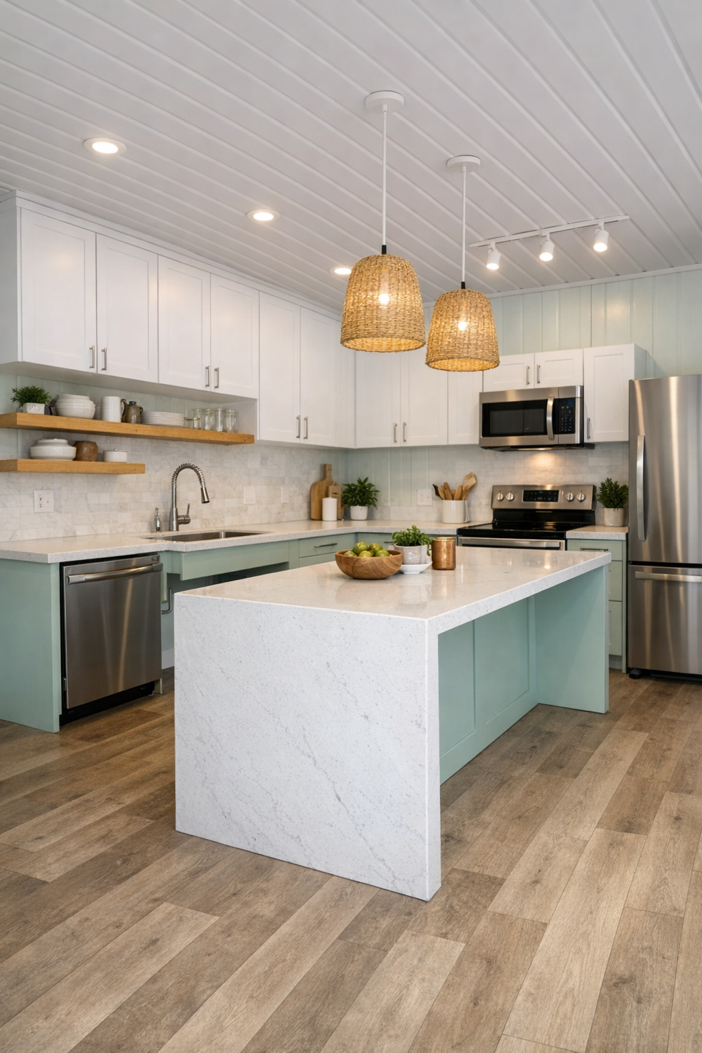 Accessible kitchen with mint lower cabinets, white upper cabinets, and oak shelving