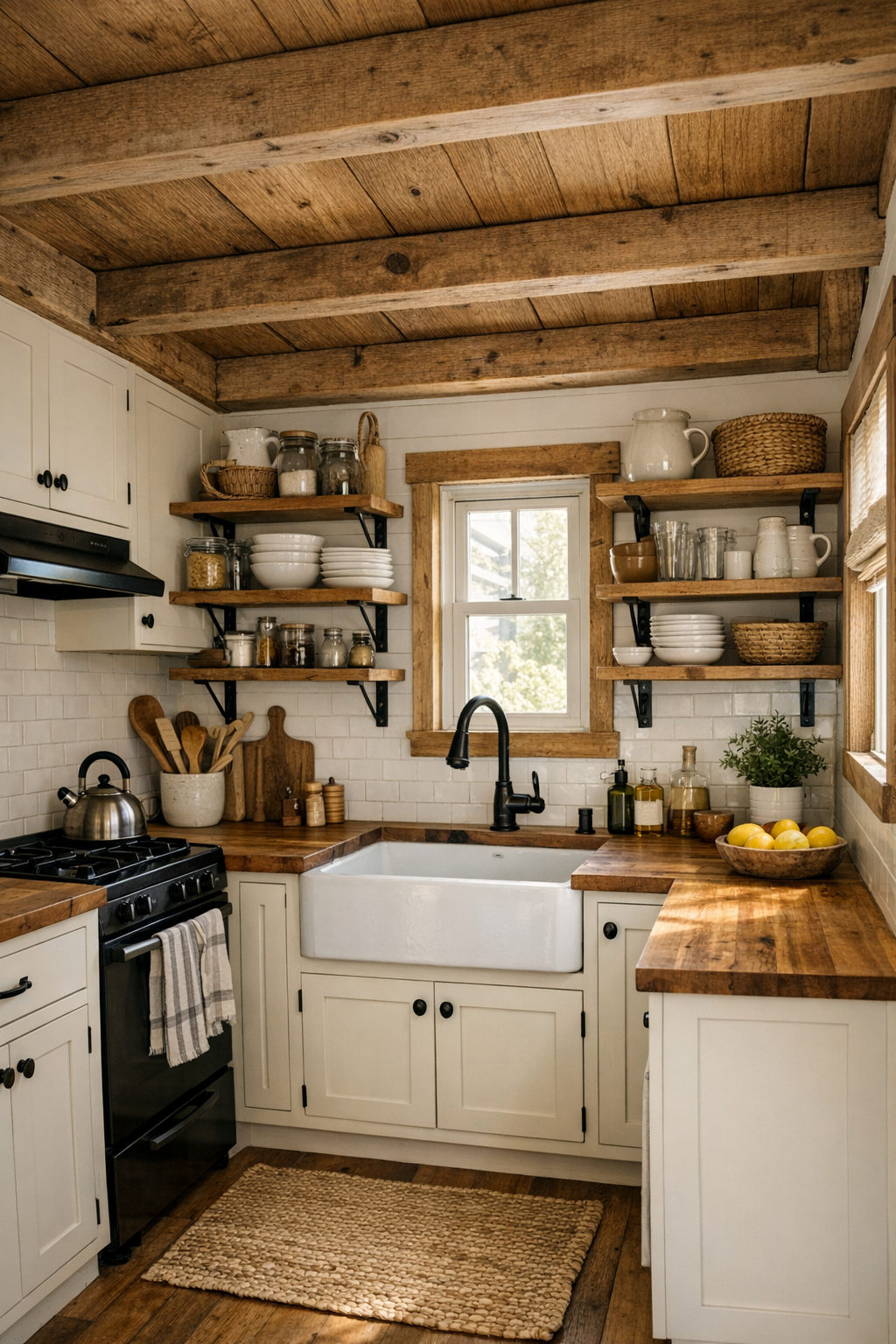 Handcrafted tiny home kitchen with cream cabinets, butcher block counters, and exposed beams