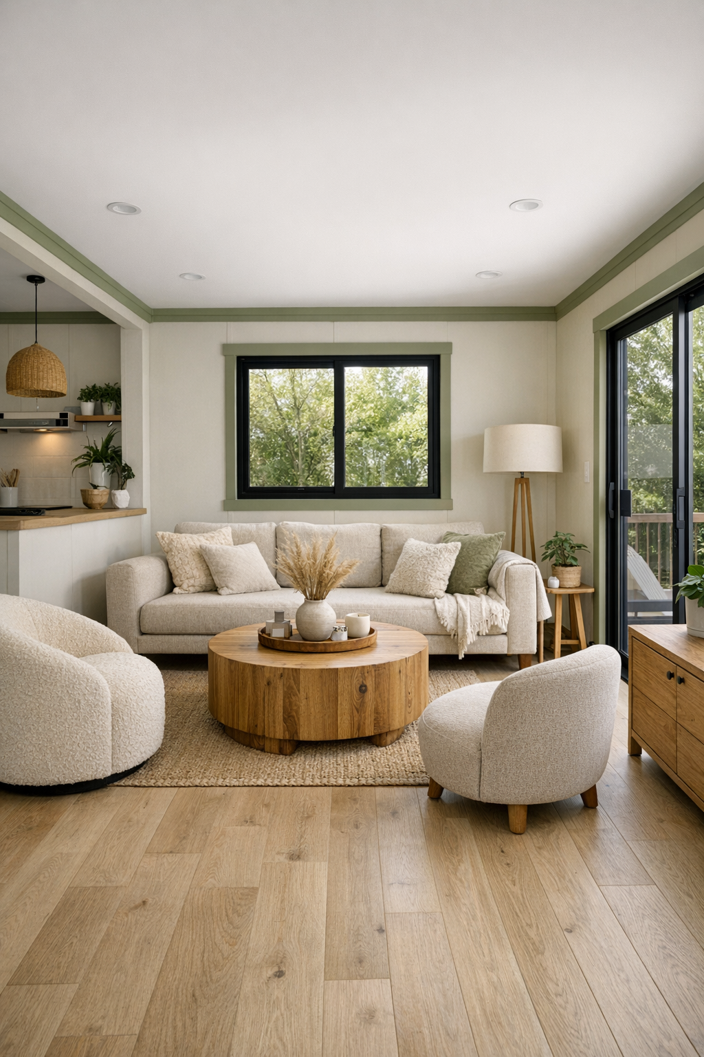 Bright accessible living room with pale oak floors, oatmeal sofa, and olive accents