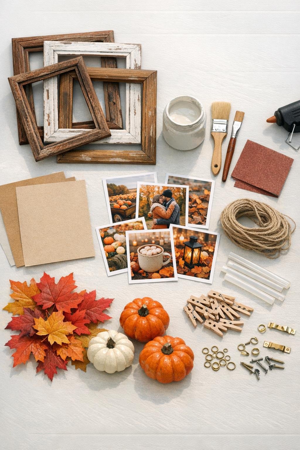 Materials for a fall photo display made from four old wooden picture frames
