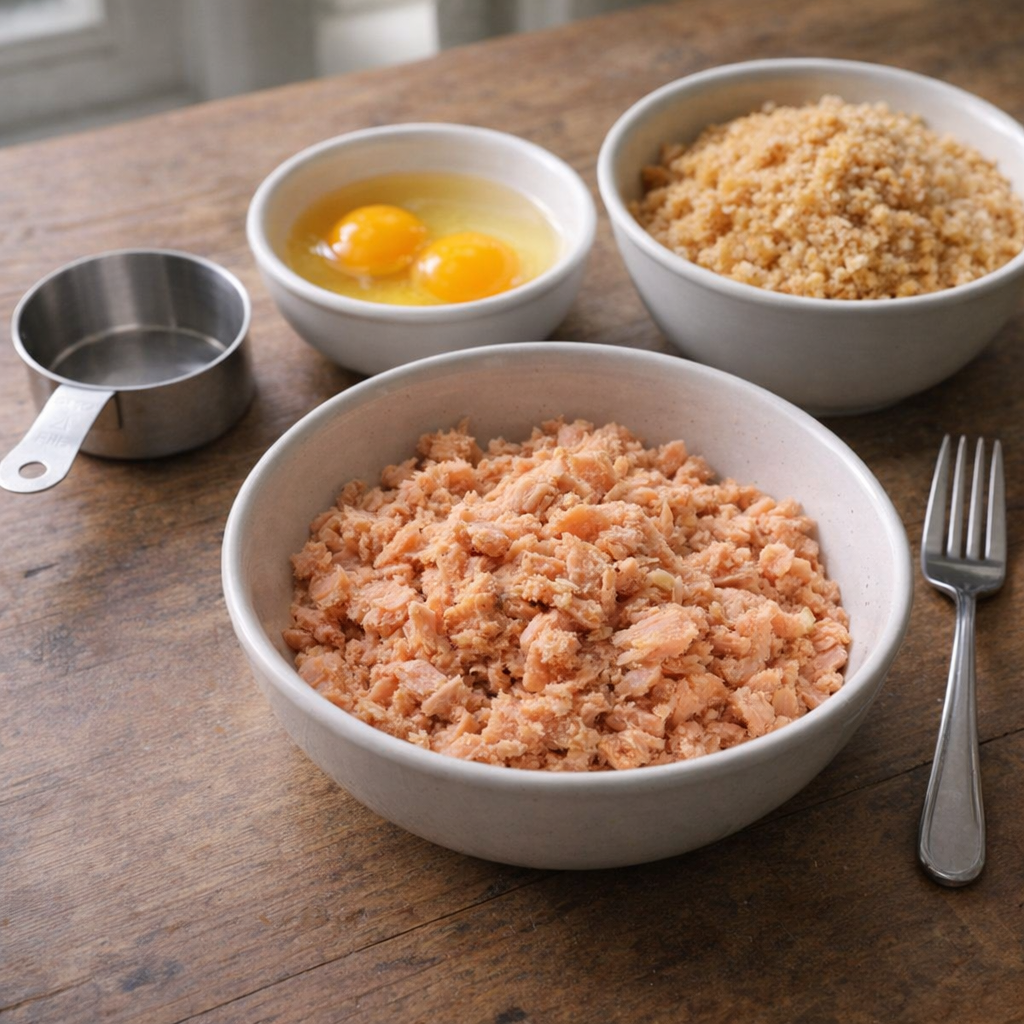 Simple ingredients for salmon patties in a mixing setup