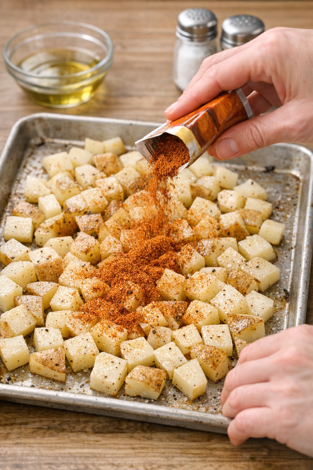 Finished oven baked fiesta potatoes on a serving platter