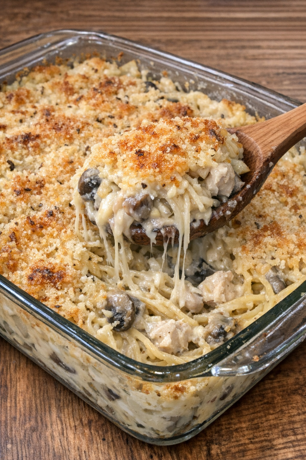 Creamy chicken tetrazzini casserole in a baking dish