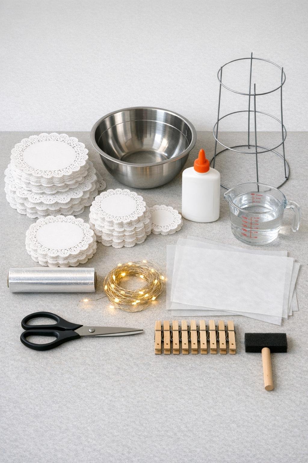 Materials for the doily porch tree laid out together