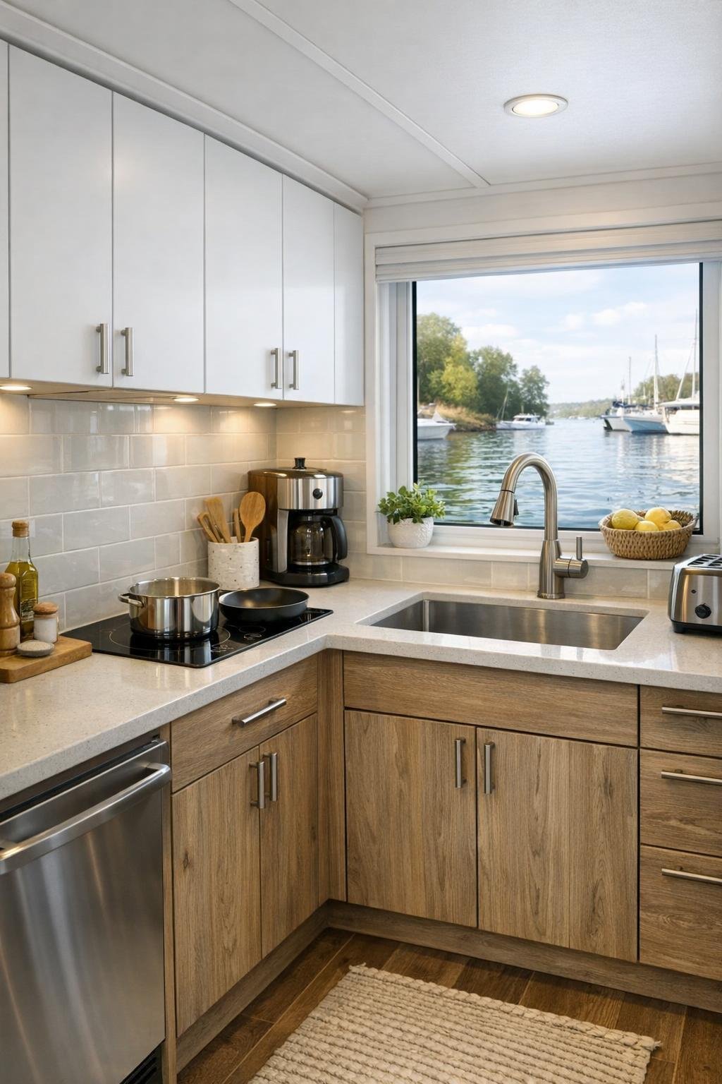 Efficient galley kitchen with driftwood oak cabinetry, pale countertops, and a window over the sink
