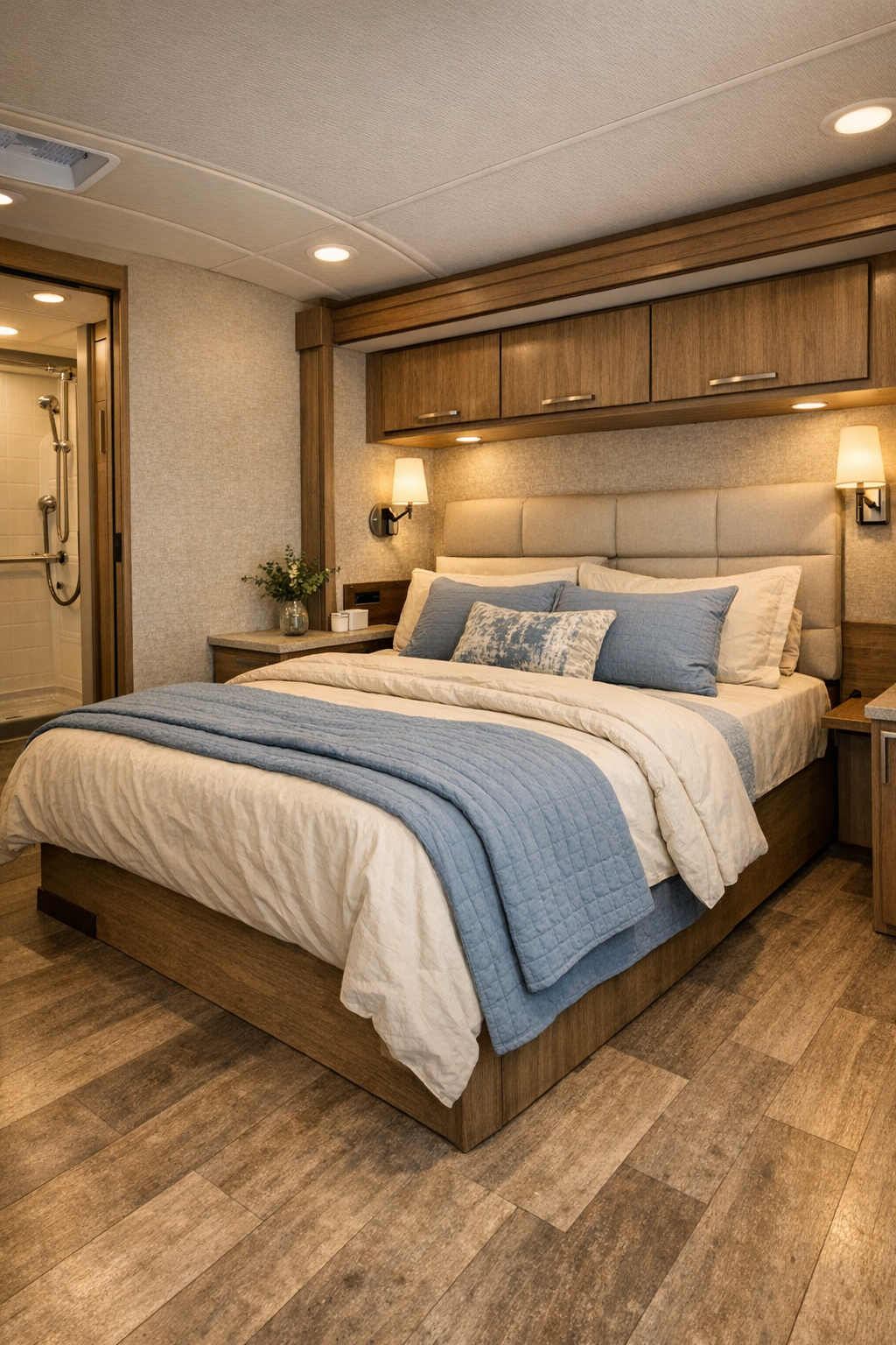 Serene RV bedroom with layered neutral bedding and accessible circulation space