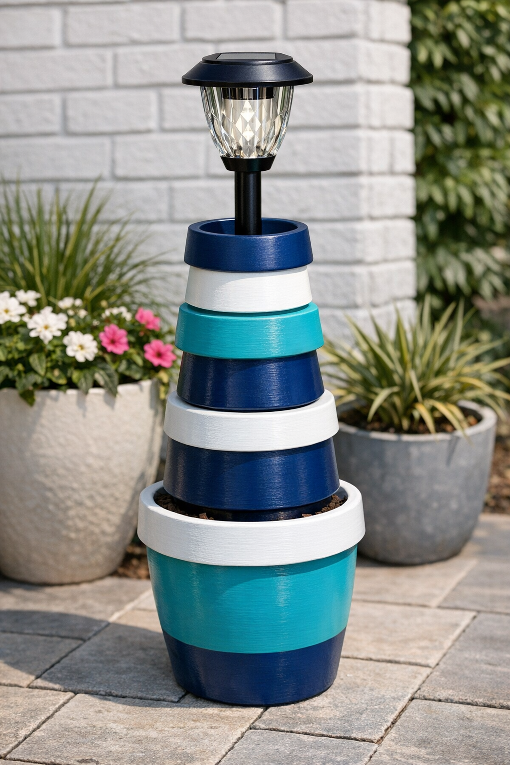 Finished painted terracotta pot lantern post with solar light on a patio