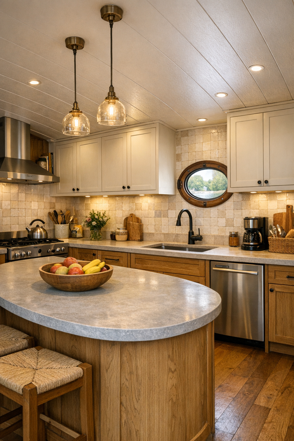 Warm accessible kitchen on a Dutch barge houseboat with oak cabinets and curved island