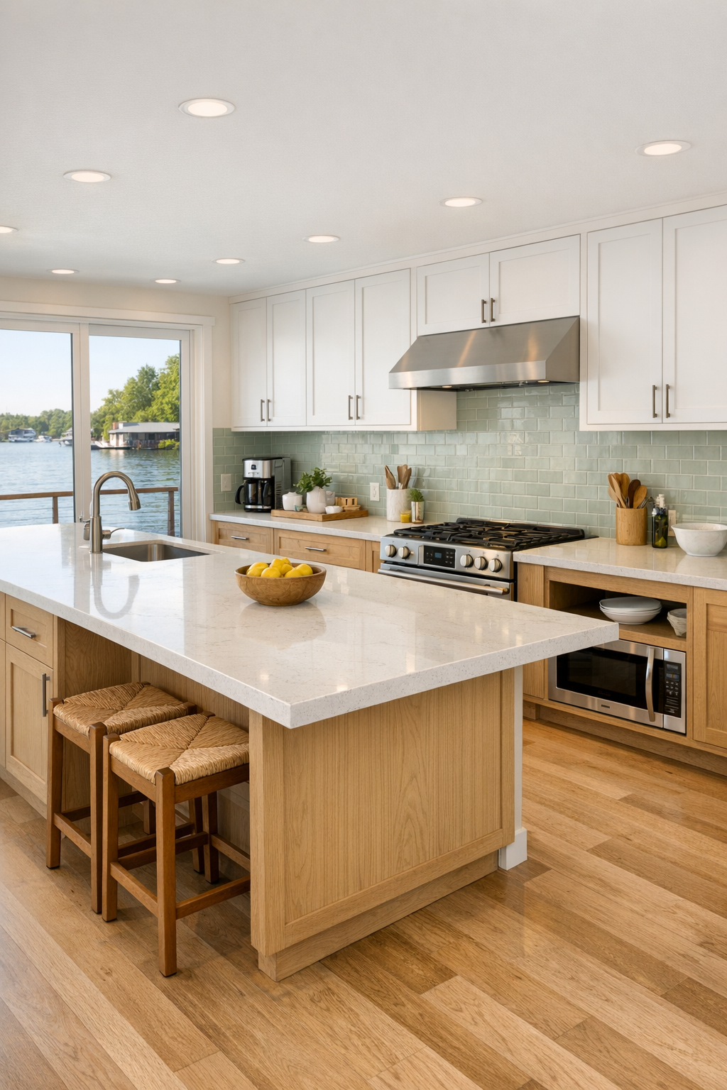 Coastal kitchen with warm white quartz island, oak cabinetry, and pale tile backsplash