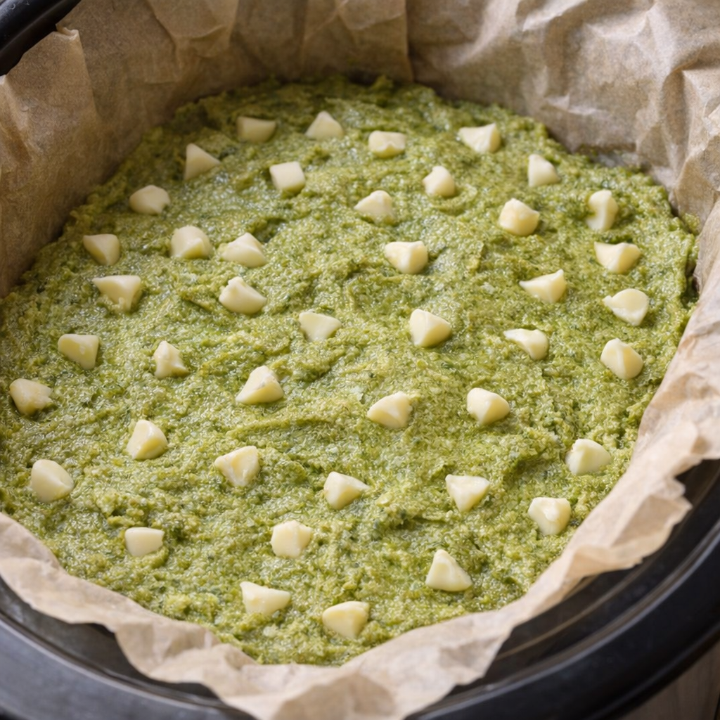 Green blondie batter pressed into a slow cooker
