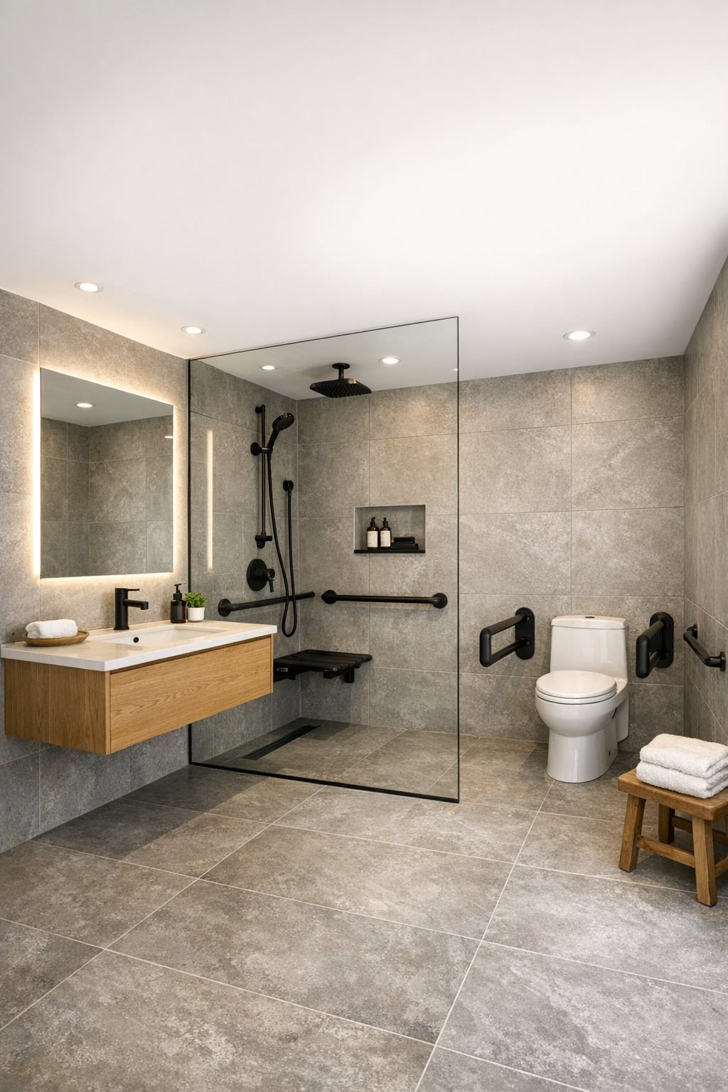 Accessible spa-like bathroom with curbless shower, stone-look gray tile, floating oak vanity, and backlit mirror
