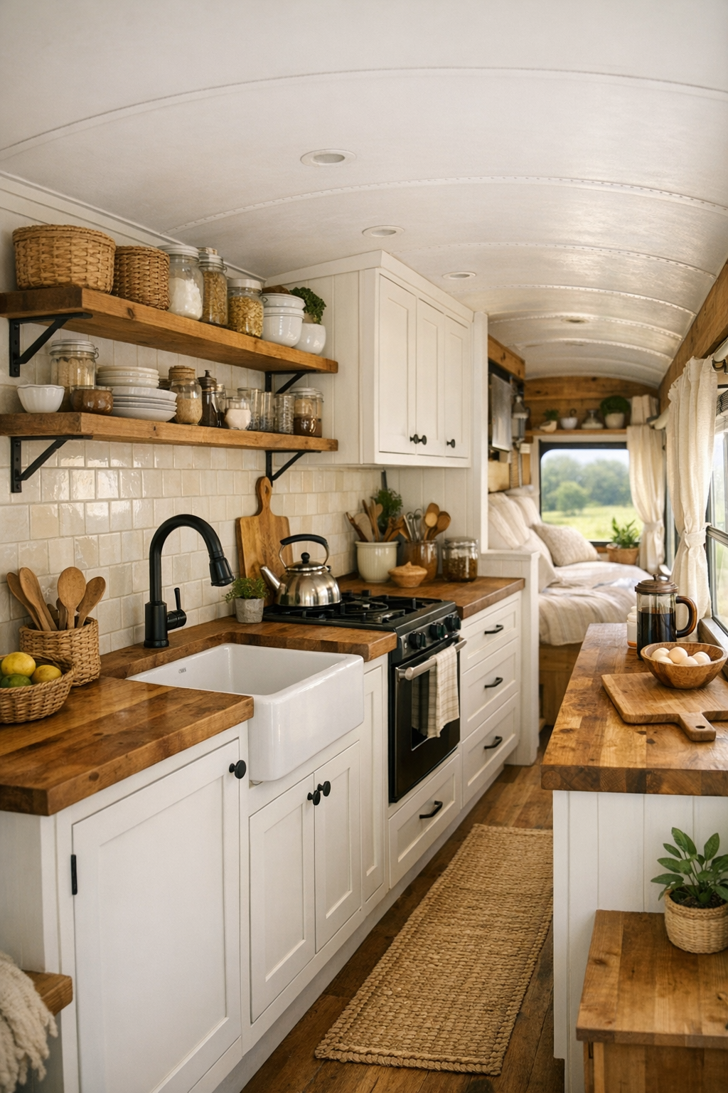Charming galley kitchen in a converted bus with shaker cabinets and butcher-block counters