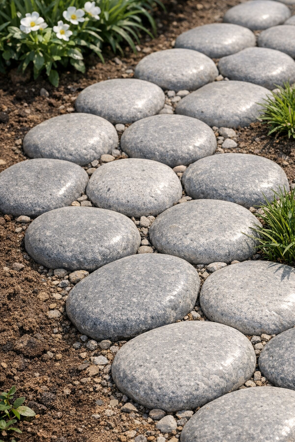 Finished smooth cement yard cobbles arranged in a garden