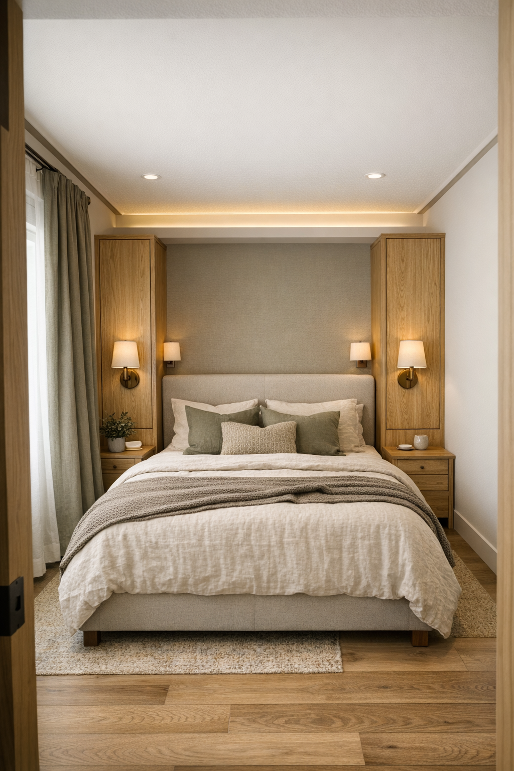 Accessible tiny home bedroom with main-level bed and calm earthy palette