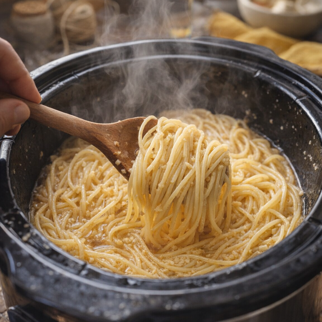 Half-cooked garlic spaghetti being stirred in the slow cooker