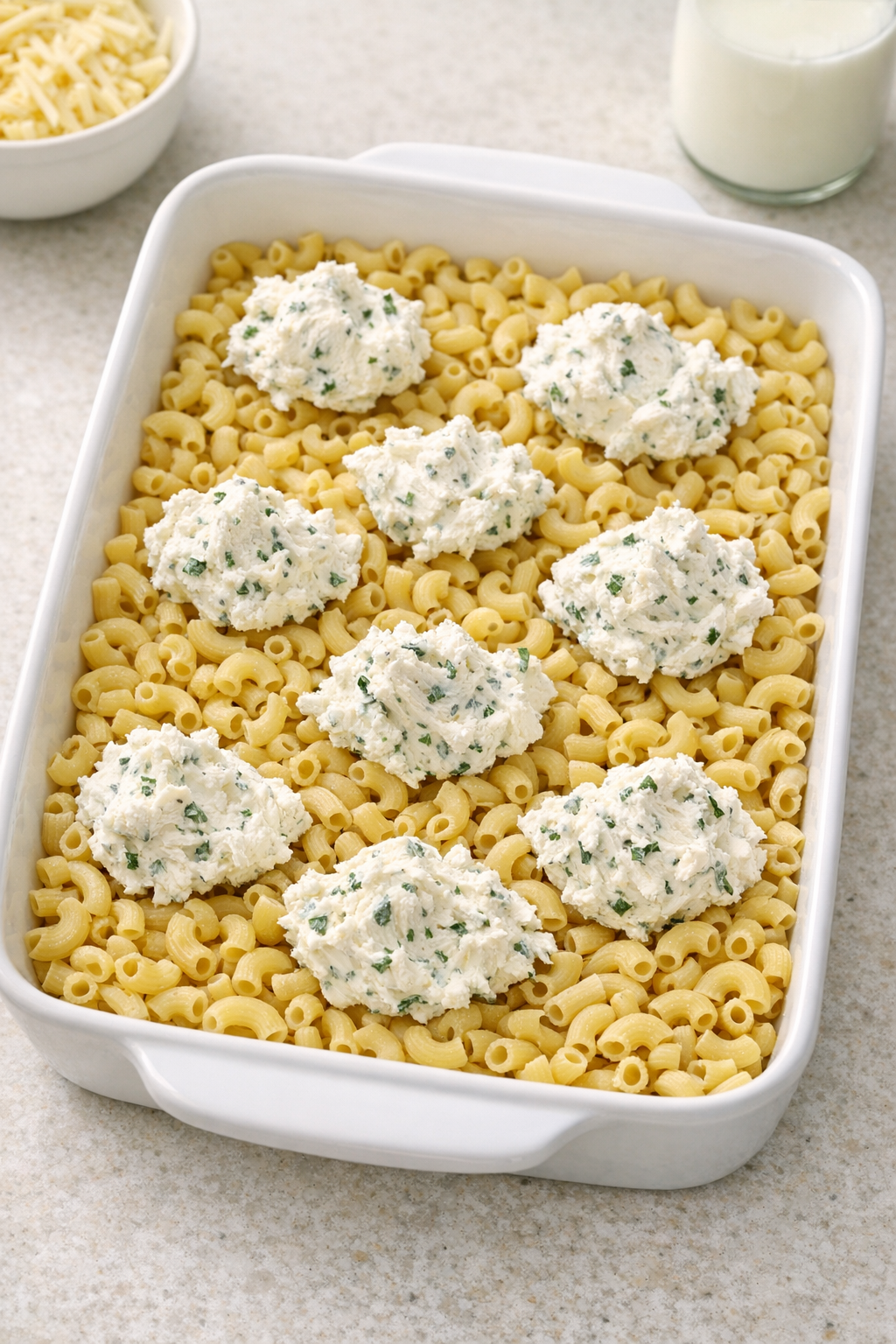 Herb garlic cream cheese dolloped over dry macaroni