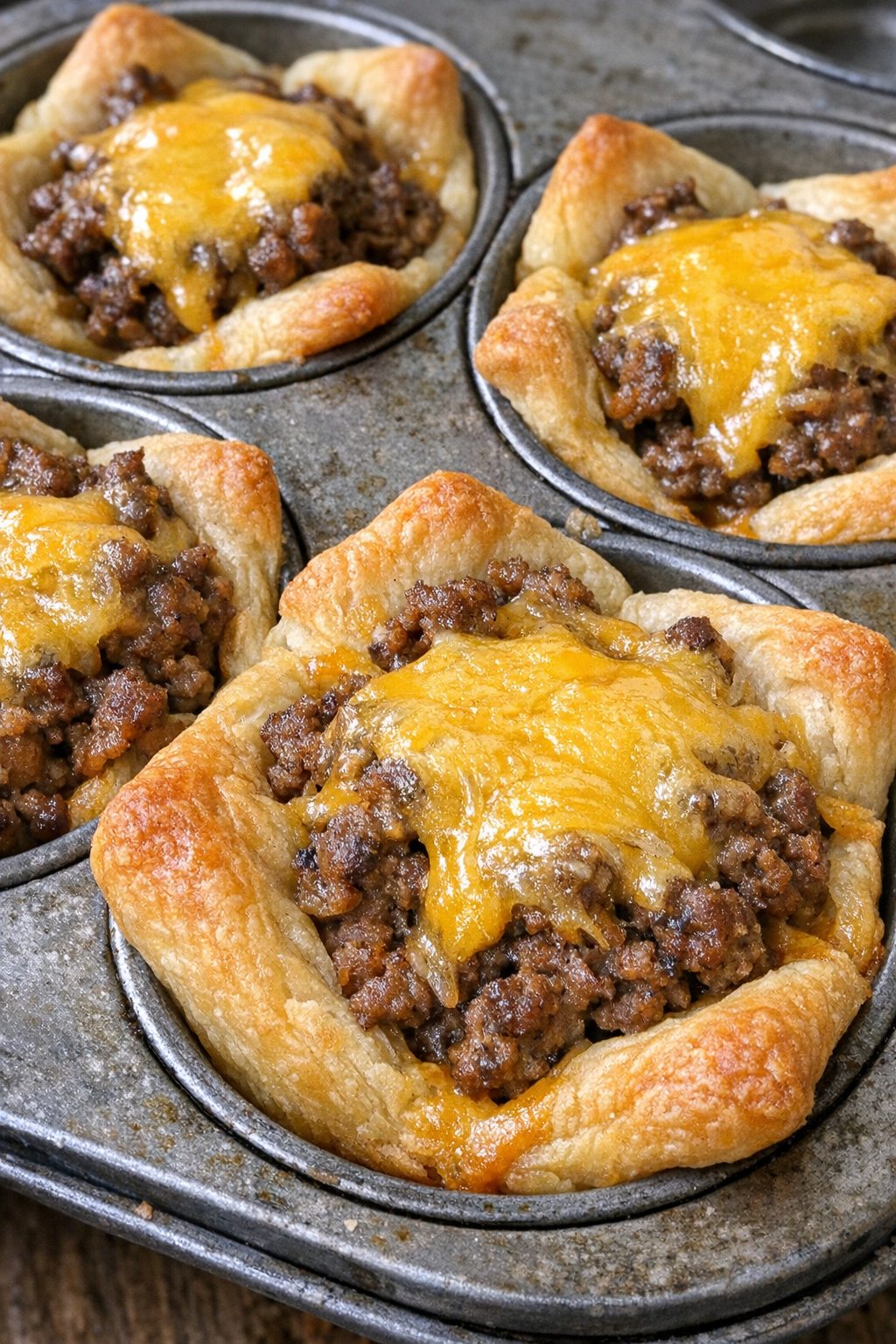 Close-up of baked beef crescent cups
