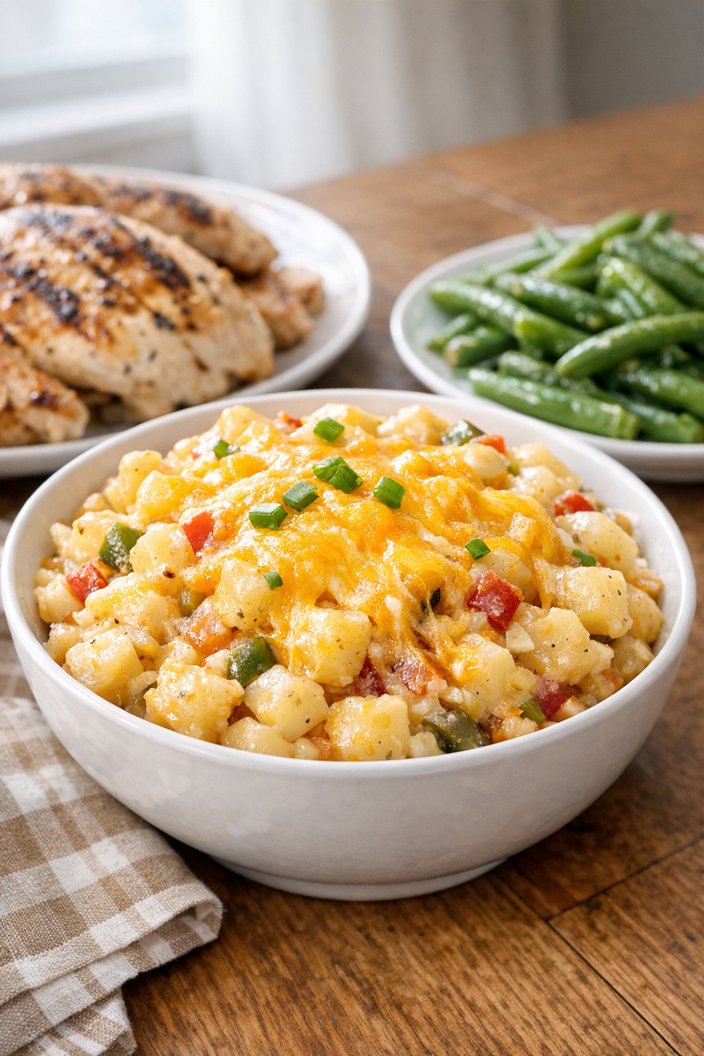 Plated cheesy slow cooker potatoes with simple sides