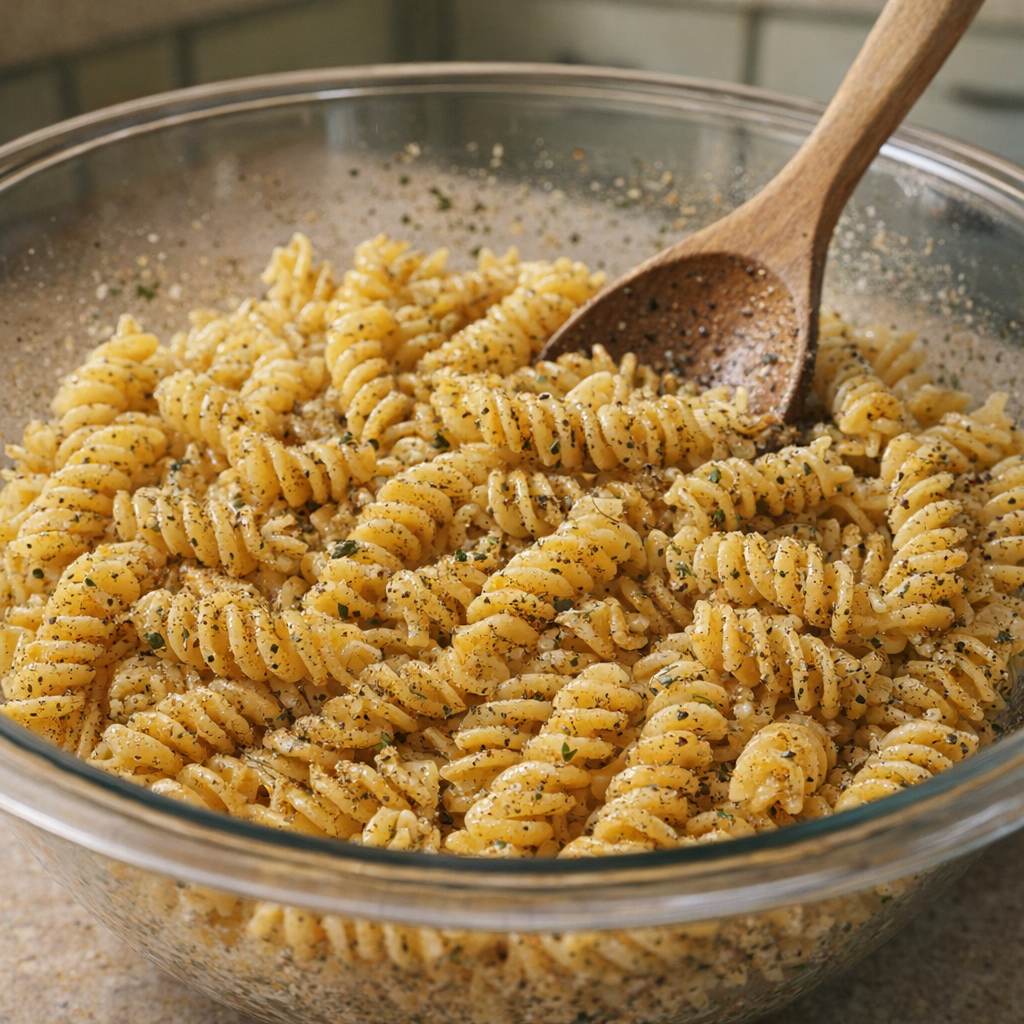 Seasoned cooked pasta in a mixing bowl before baking