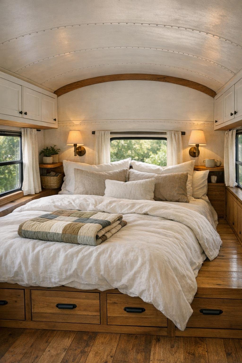 Compact bus bedroom with platform bed, linen bedding, and built-in storage