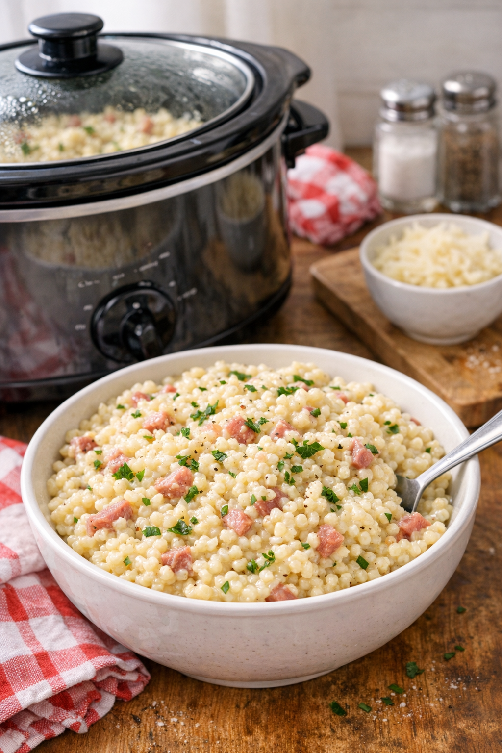 Finished acini di pepe side dish in a serving bowl