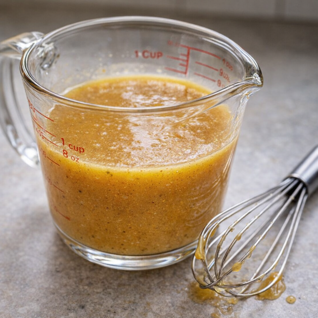 Whisked honey mustard sauce in a glass measuring cup