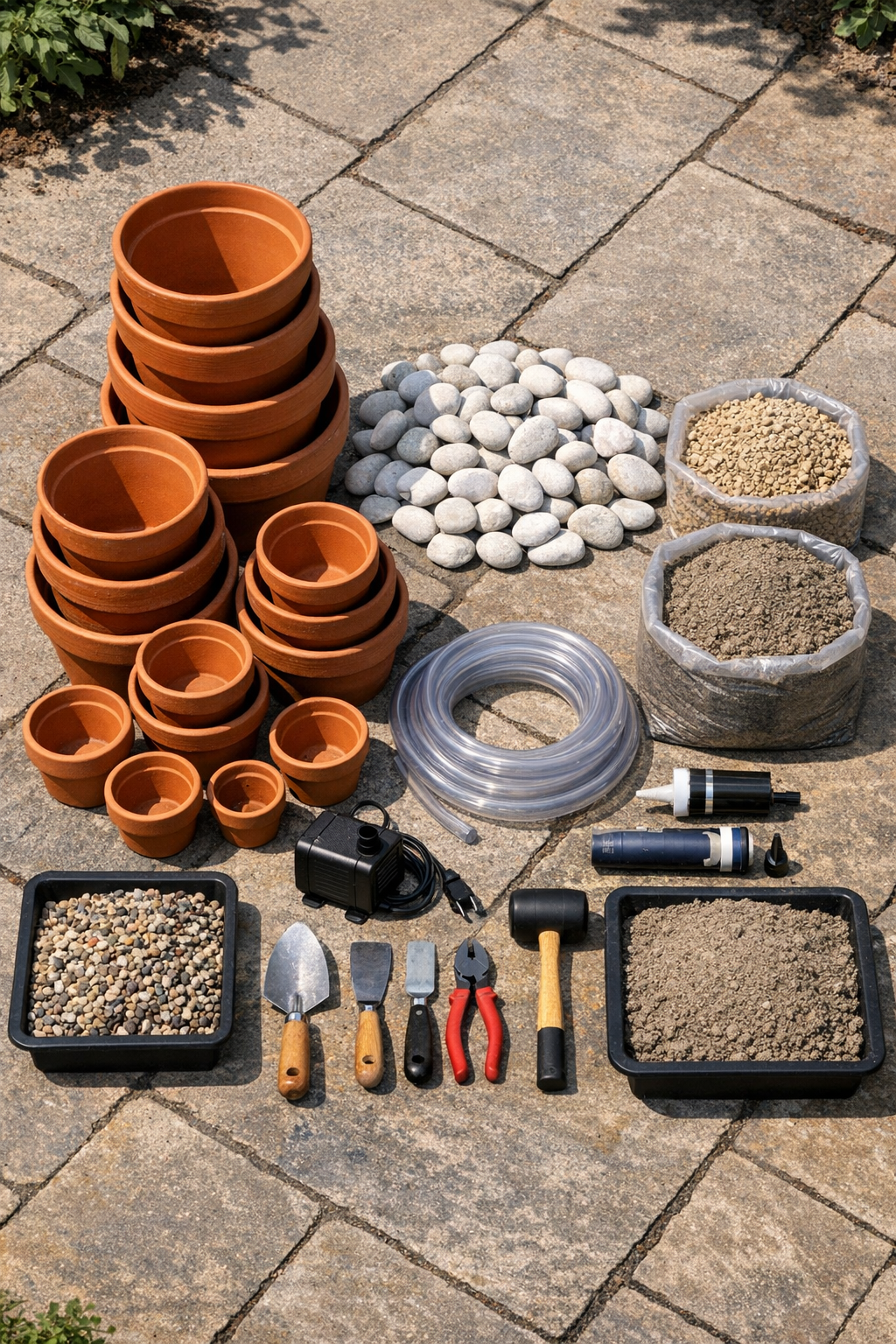Terracotta pots, white river rocks, fountain pump, tubing, and supplies laid out together