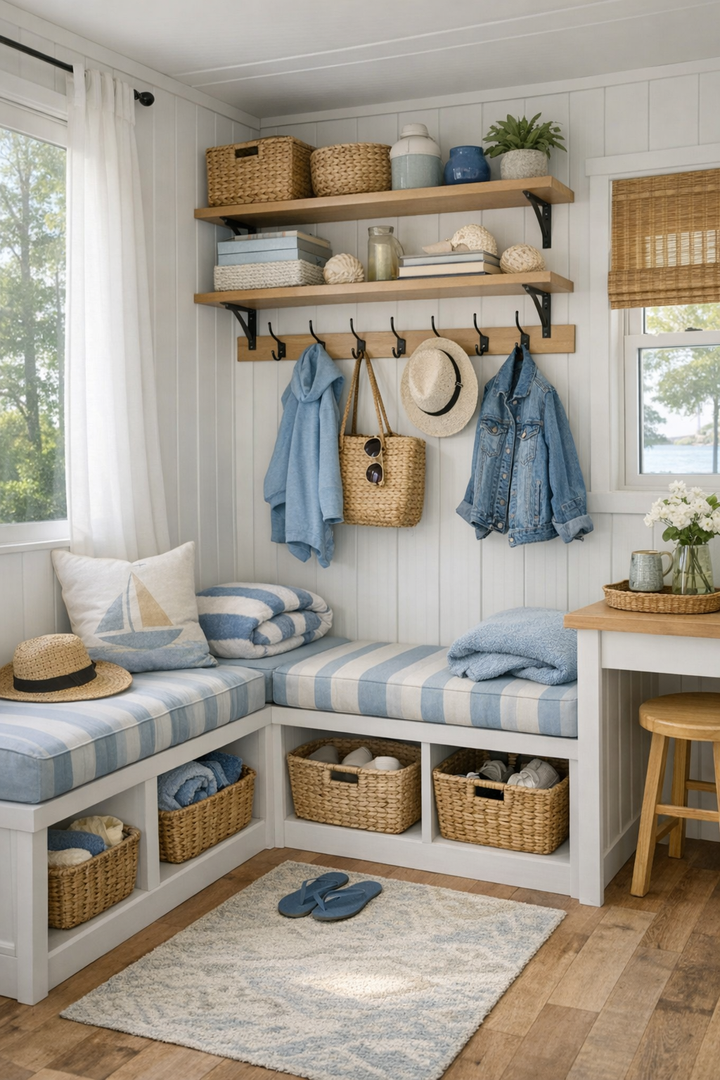 Thoughtful small-space storage area with built-ins and coastal details